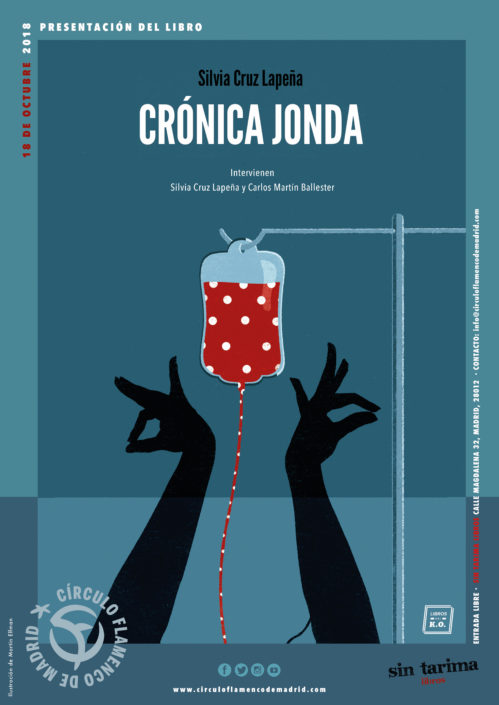 Imagen describiendo el cartel del encuentro del 18/10/2018 en el Círculo Flamenco de Madrid. Presentación del libro "Crónica Jonda" de Silvia Cruz Lapeña. Intervienen Silvia Cruz Lapeña y Carlos Martín Ballester. Ubicación: Sin Tarima Libros, C/ Magdalena 32, Madrid 28012. Entrada libre. Comienzo 21:00. Ilustración de Martín Ellman.