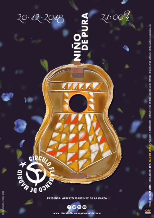 Imagen describiendo el cartel del encuentro del 20/12/2018 en el Círculo Flamenco de Madrid. Actuación de Niño de Pura. Presenta Alberto Martínez de la Plaza. Ubicación: sala OFF Latina, C/ Mancebos 4. Precio: Socios entrada libre, amigos del CFM 30€. Comienzo 21:00, entrada sala 20:30. Diseño del cartel por María Artigas.